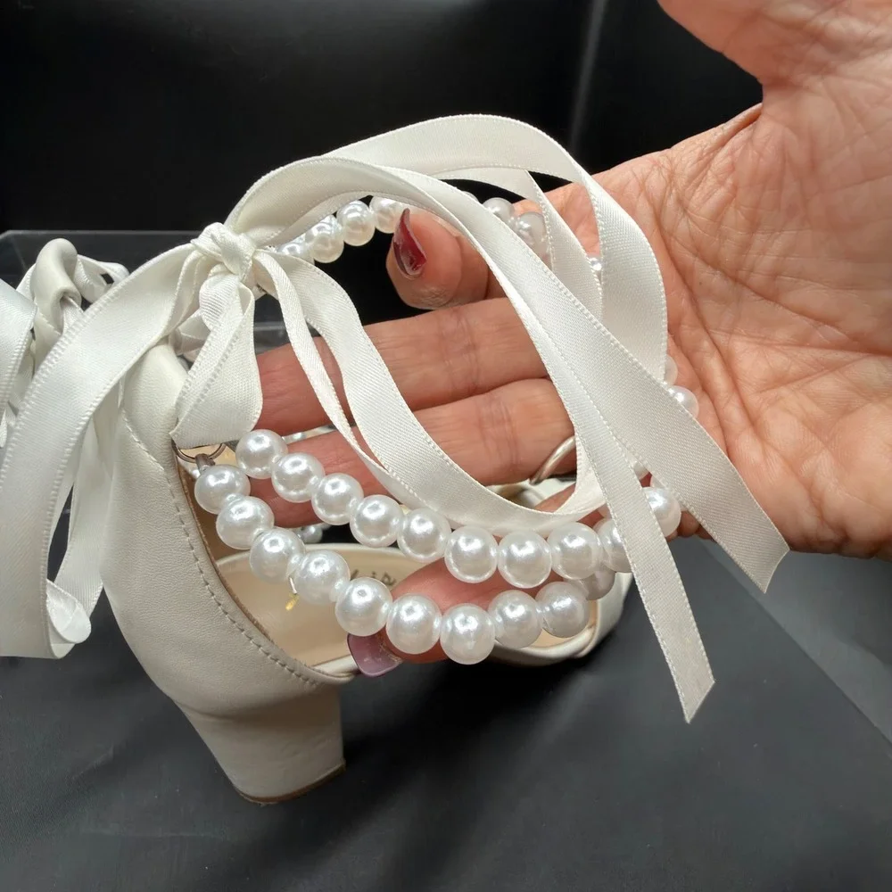 Aris White Pearl Ribbon Tie Block Heel Sandals Faux Leather Wedding Shoes 6